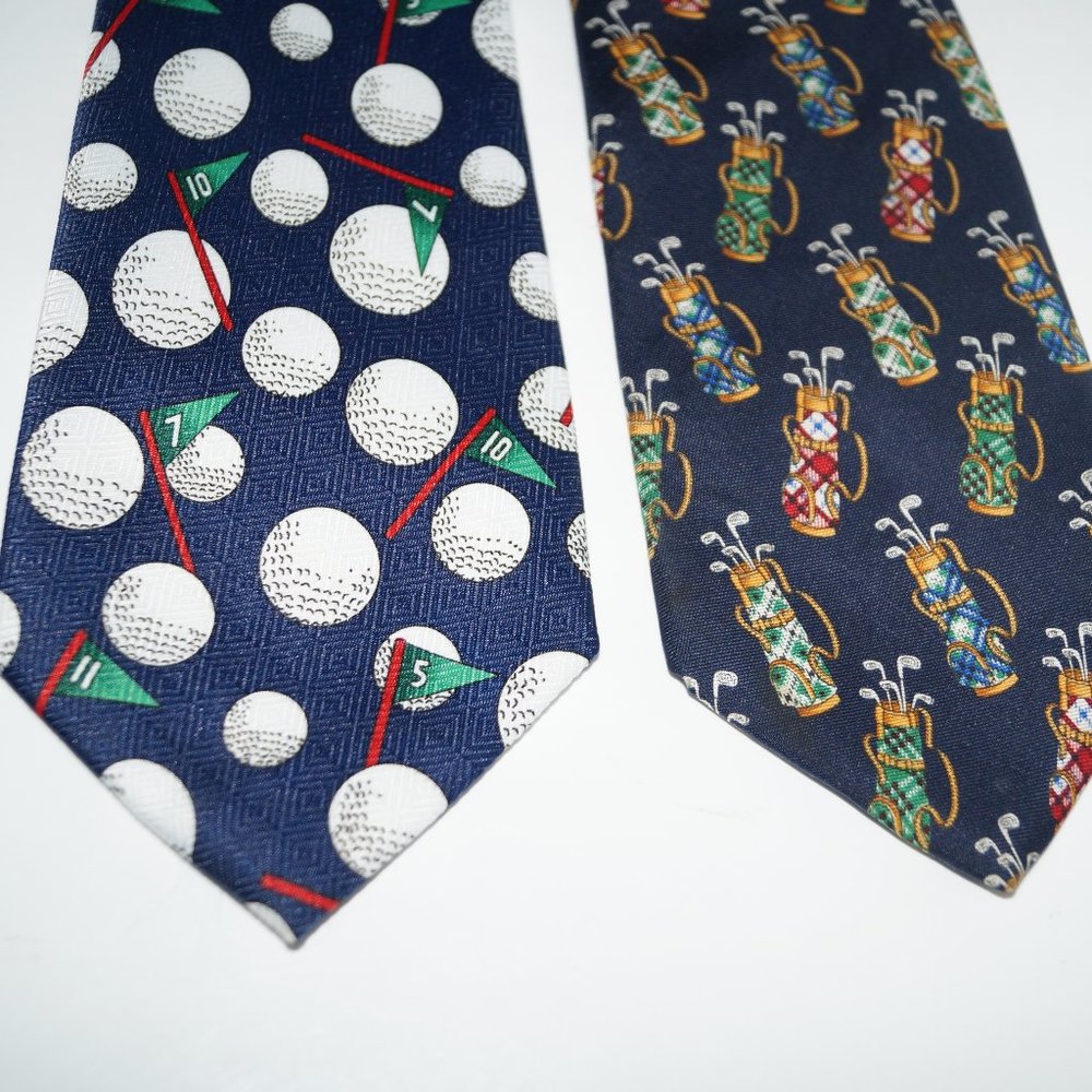 Golf Themed Ties Men's Lot of 2 neckties golf club balls bags Flags Blue EUC